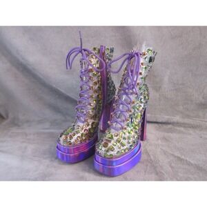 Azalea Wang Electra Purple Multi Rhinestone Clear Platform Boots Womens 10